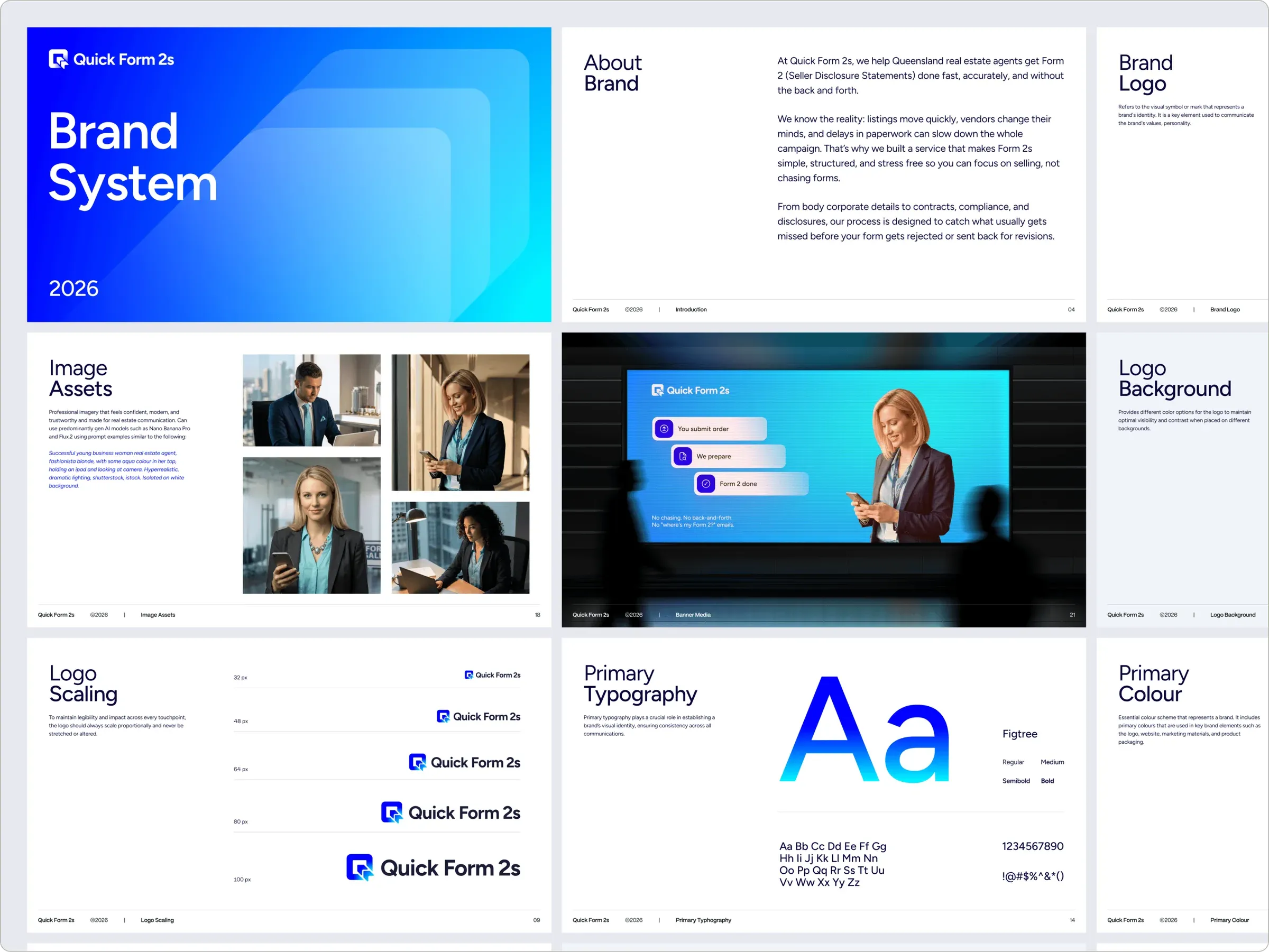 Collage of Quick Form 2s brand system pages: blue gradient cover, logo, image assets, banner, scaling, typography and colour