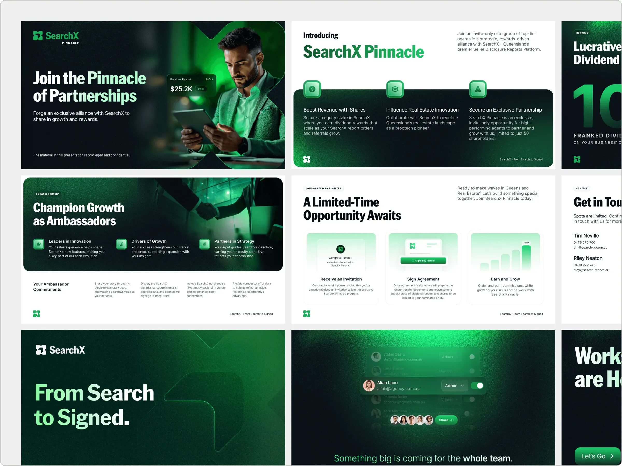 Grid of SearchX Pinnacle pitch deck slides in dark and light green, covering partnership, rewards and workspaces
