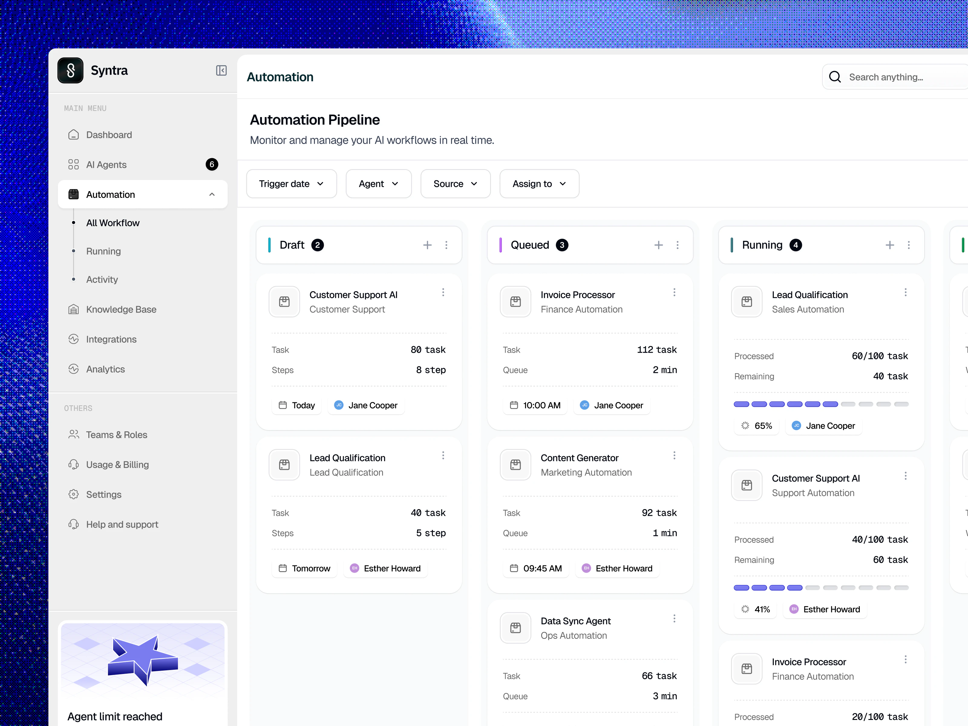 Syntra automation pipeline with Draft, Queued and Running columns of workflow cards showing task counts, queue times, progress bars and assignees