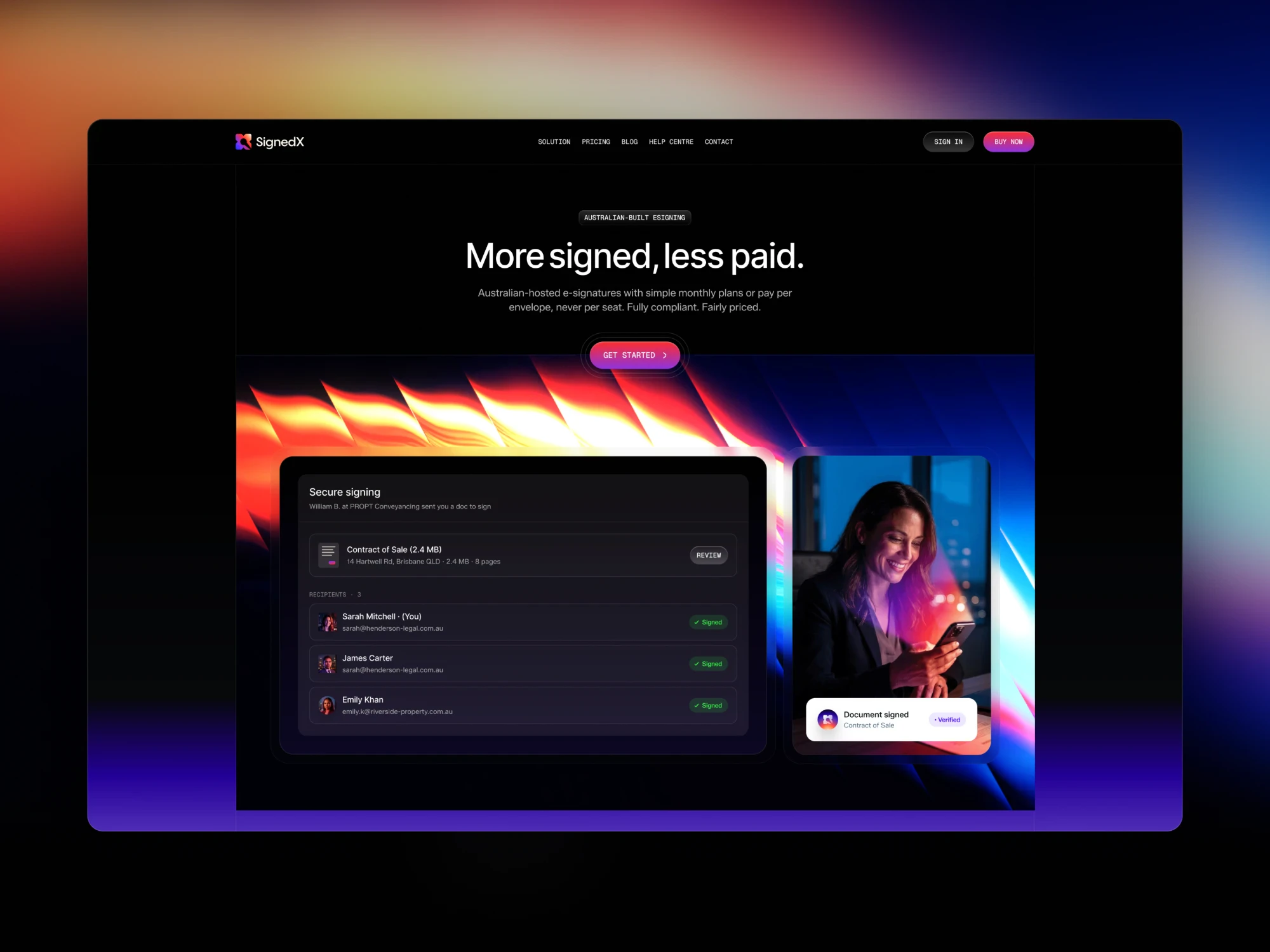 SignedX homepage hero: More signed, less paid headline, a Get Started button and a secure signing panel with three signed recipients over a red, orange and blue light-streak gradient