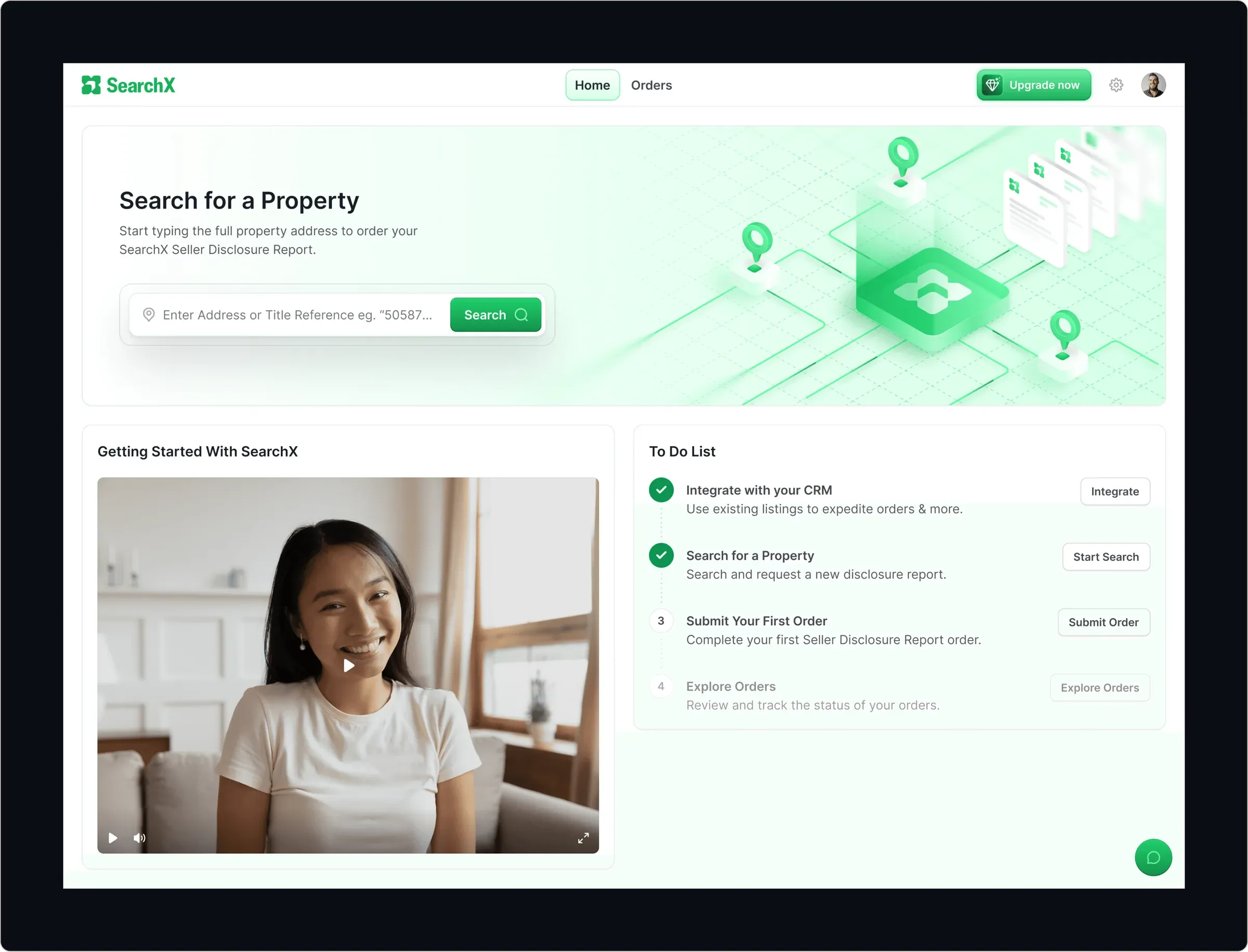 SearchX web app home screen with a green isometric property search hero, address search bar, intro video and onboarding to-do list