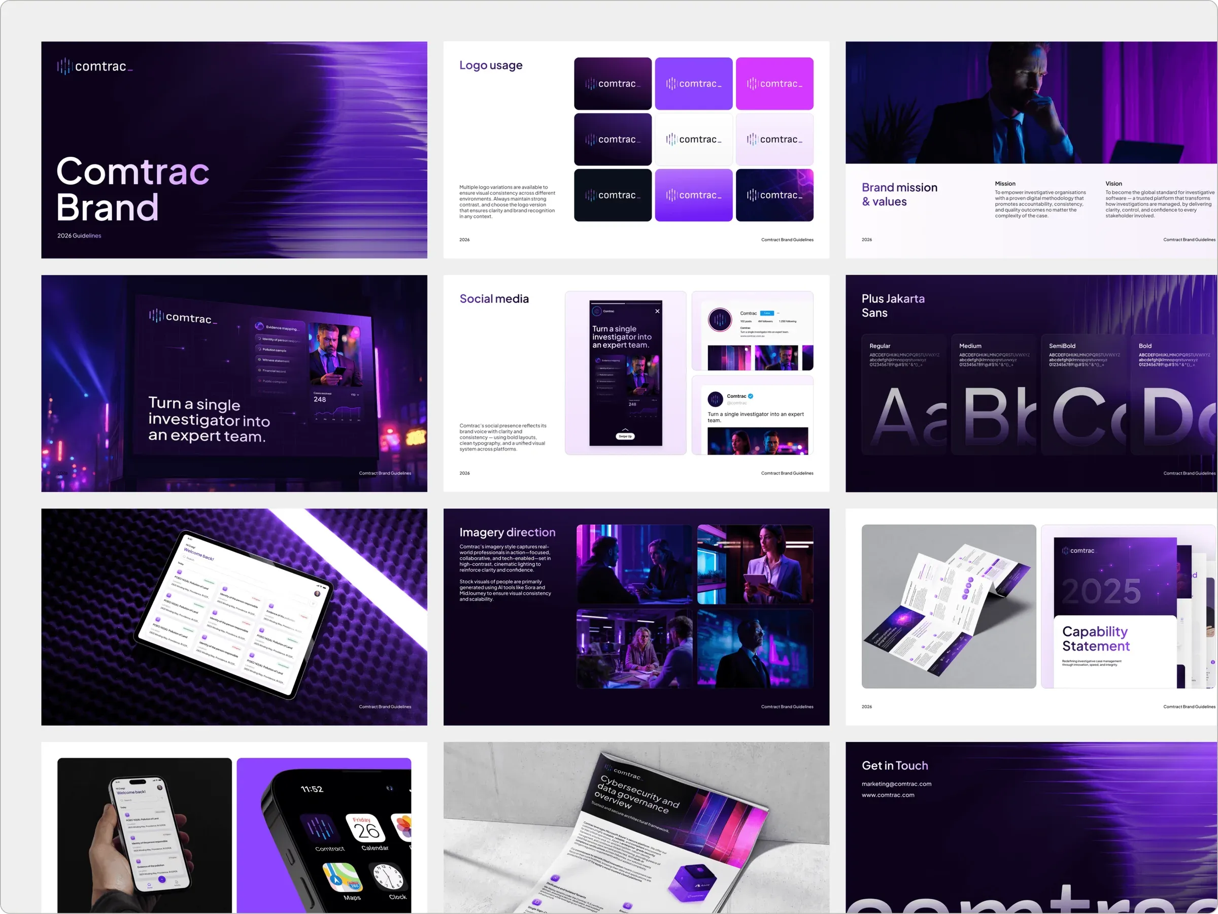 Comtrac brand guidelines pages in a grid: cover, logo usage, mission, social media, typography, imagery and print collateral in purple
