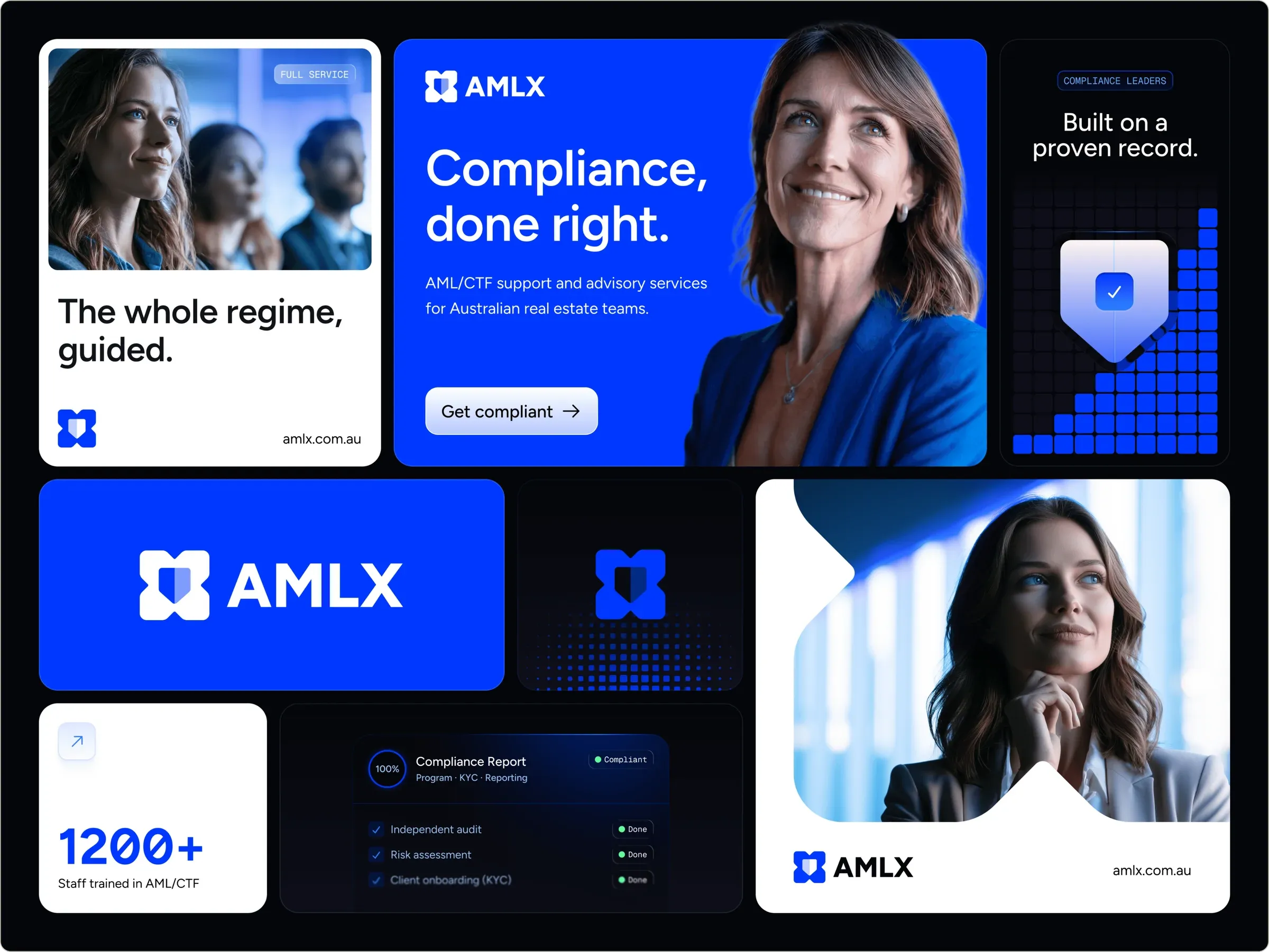 AMLX brand collage in electric blue: logo, 'Compliance, done right.' hero, shield graphic, stats and compliance report checklist card