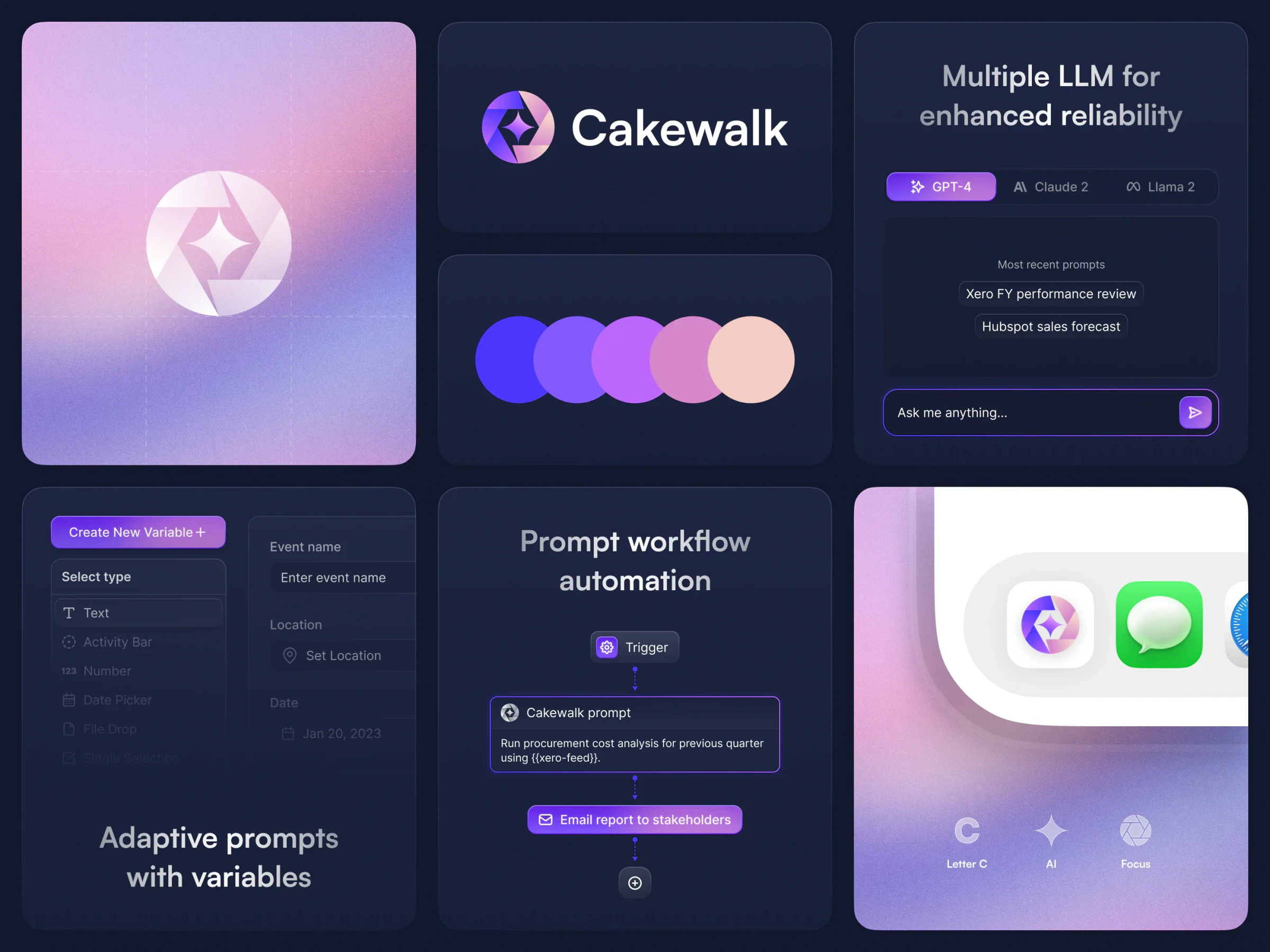 Cakewalk brand board on navy: logo lockup, pink to violet gradient mark tile, colour dots and feature cards for LLMs, variables and workflows