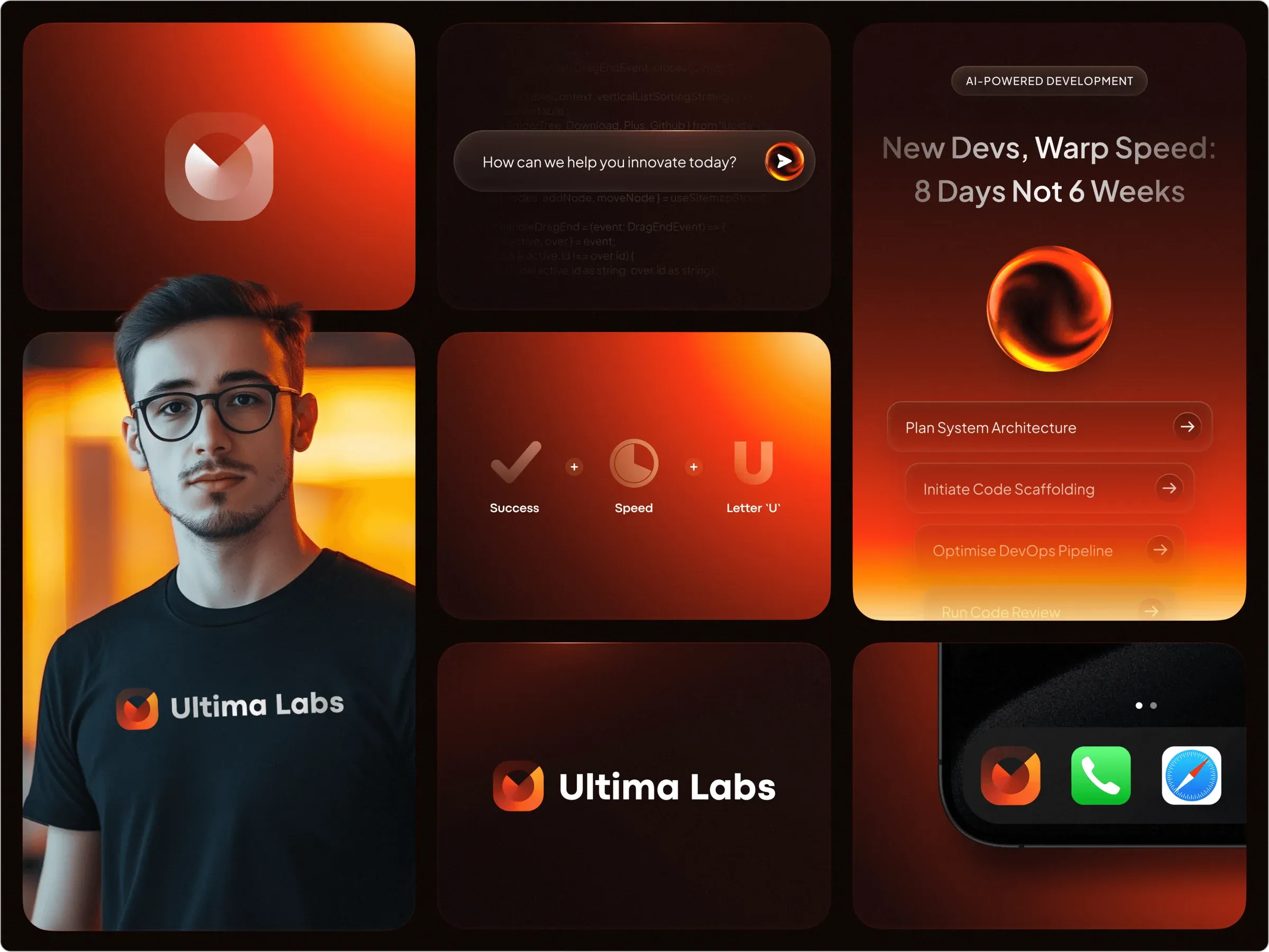 Ultima Labs brand collage in red-orange gradients: logomark, tagline cards, team member in a logo tee, wordmark and phone app icon