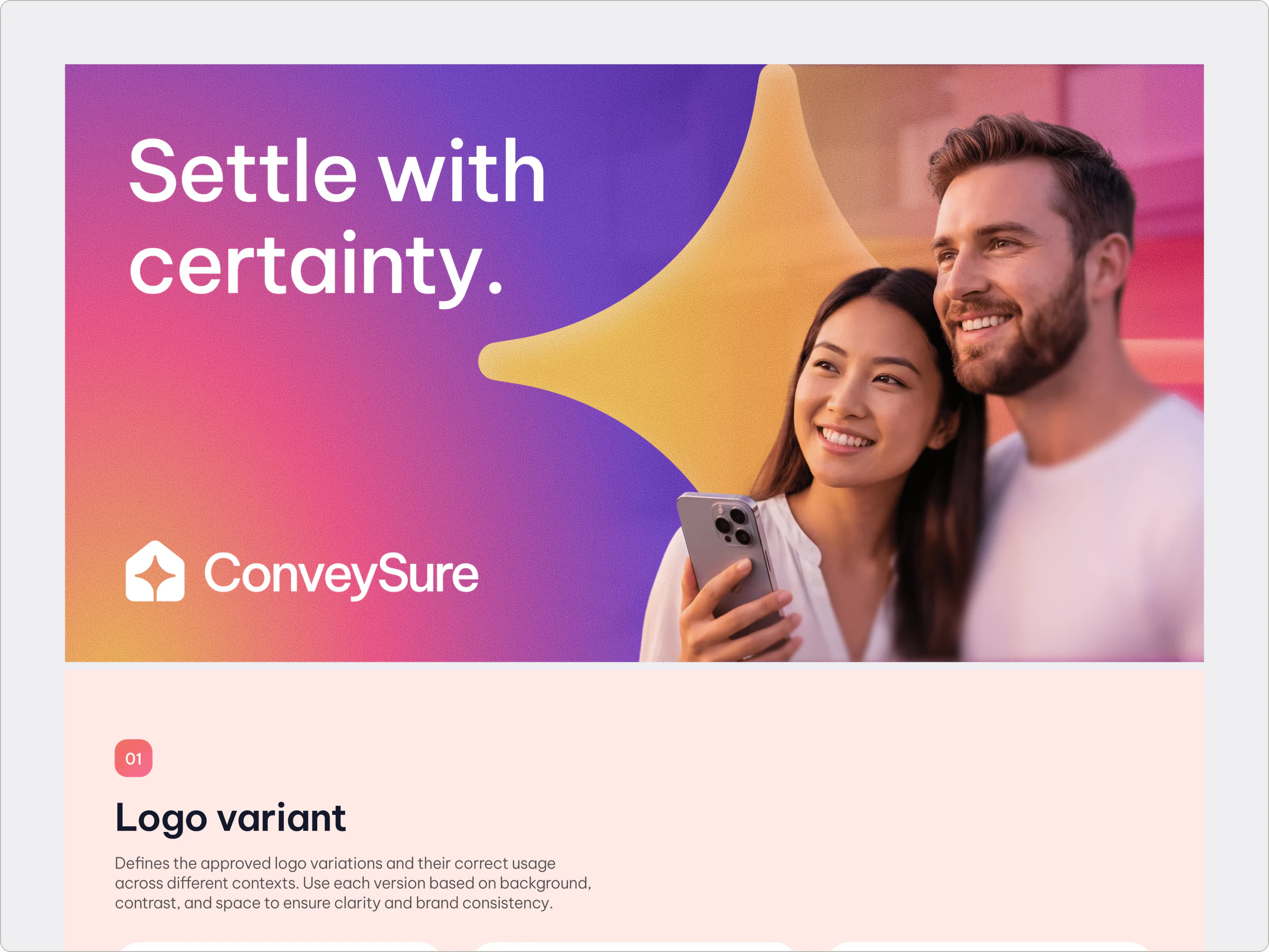 ConveySure brand guidelines hero reading Settle with certainty, with a smiling couple holding a phone on a purple, pink and gold gradient