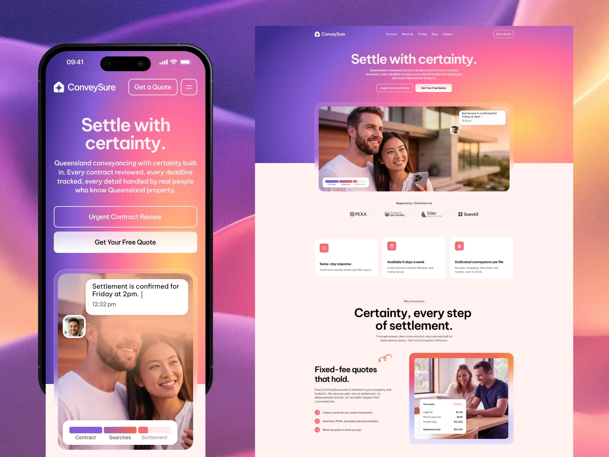 ConveySure website on a phone and a desktop, both showing the Settle with certainty hero and a smiling couple over a purple, pink and gold gradient