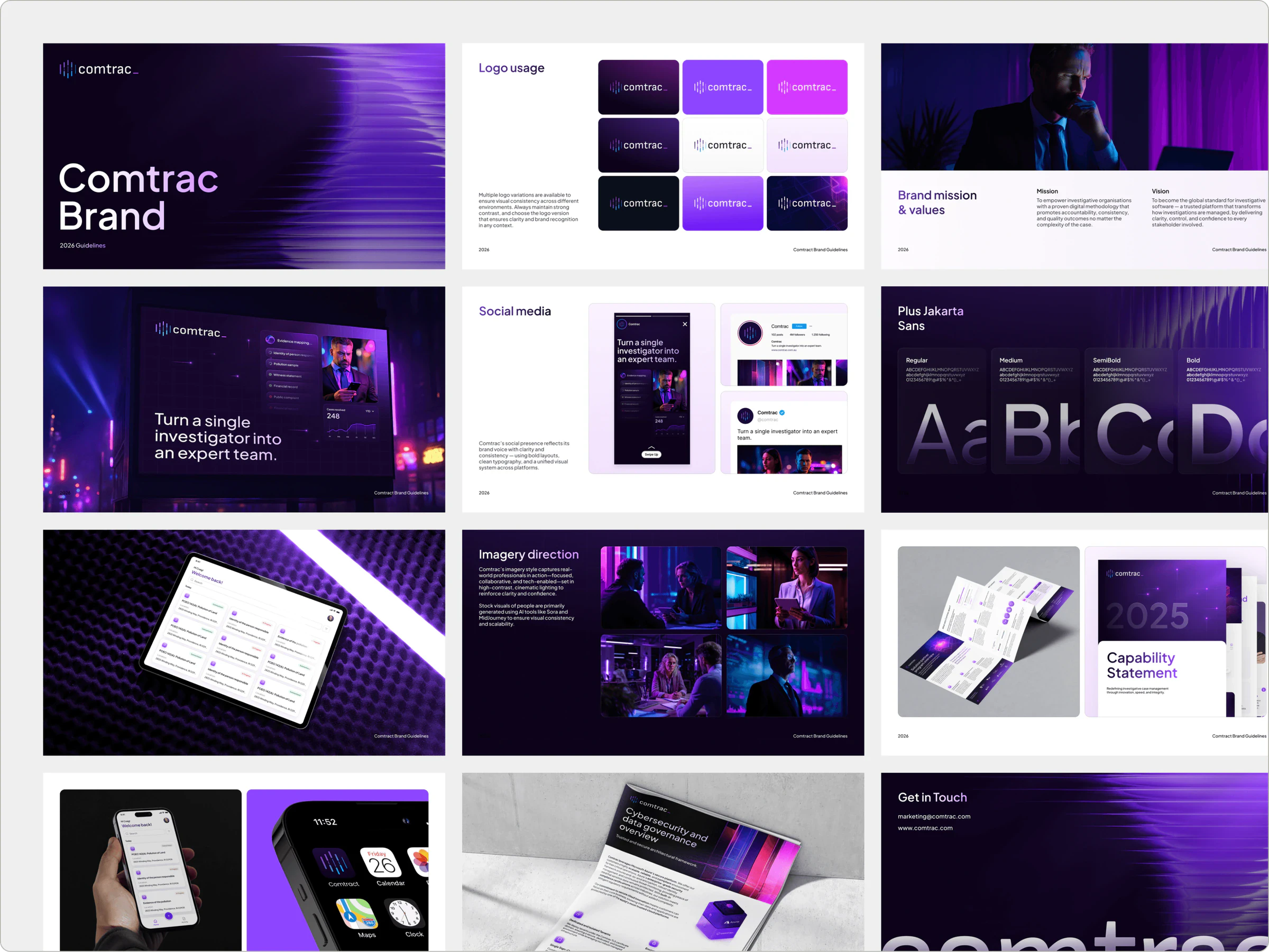 Comtrac brand guidelines pages in a grid: cover, logo usage, mission, social media, typography, imagery and print collateral in purple