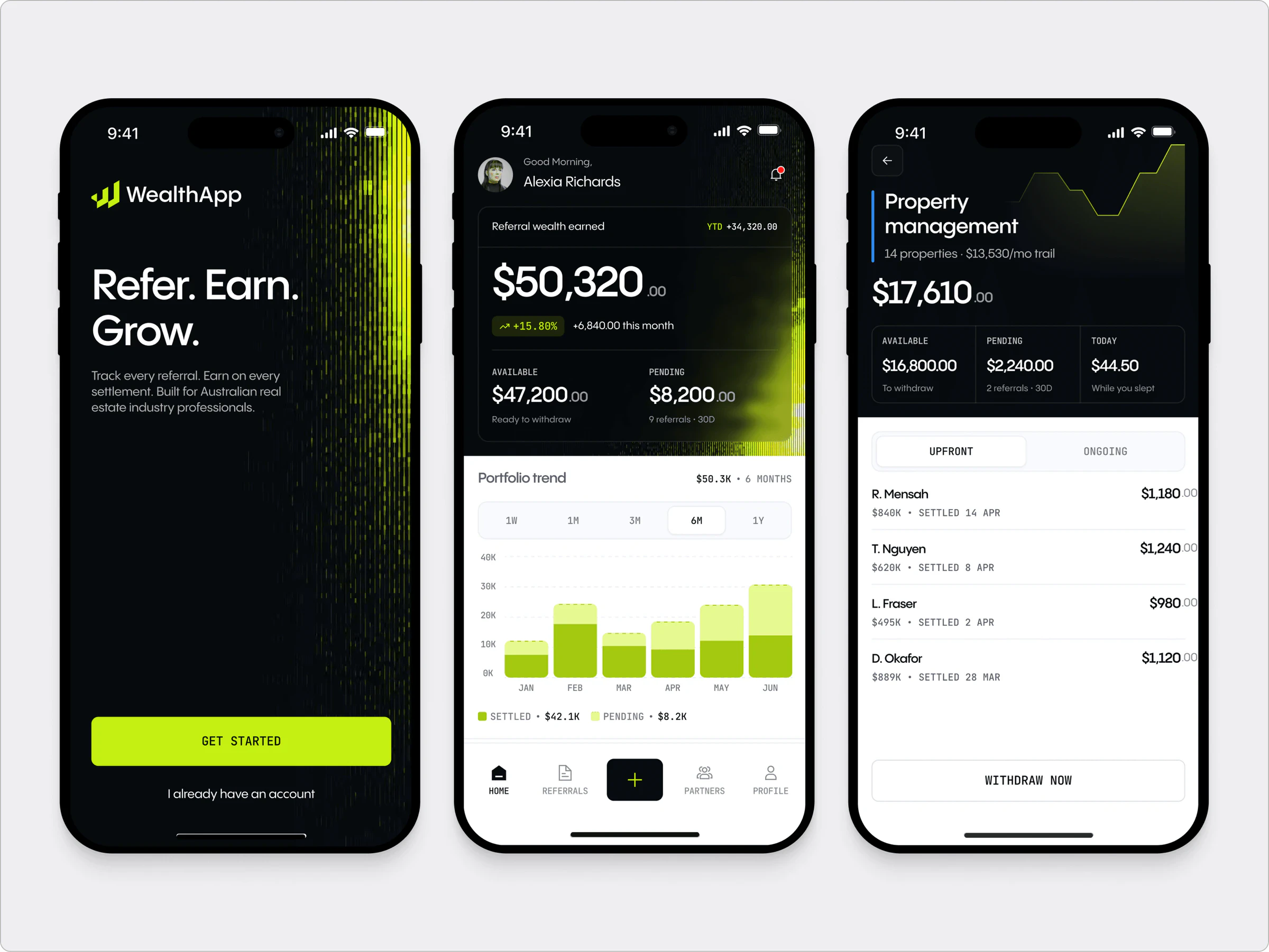 Three Wealth App screens: a black 'Refer. Earn. Grow.' welcome, the earnings home with chart, and a property management payouts list