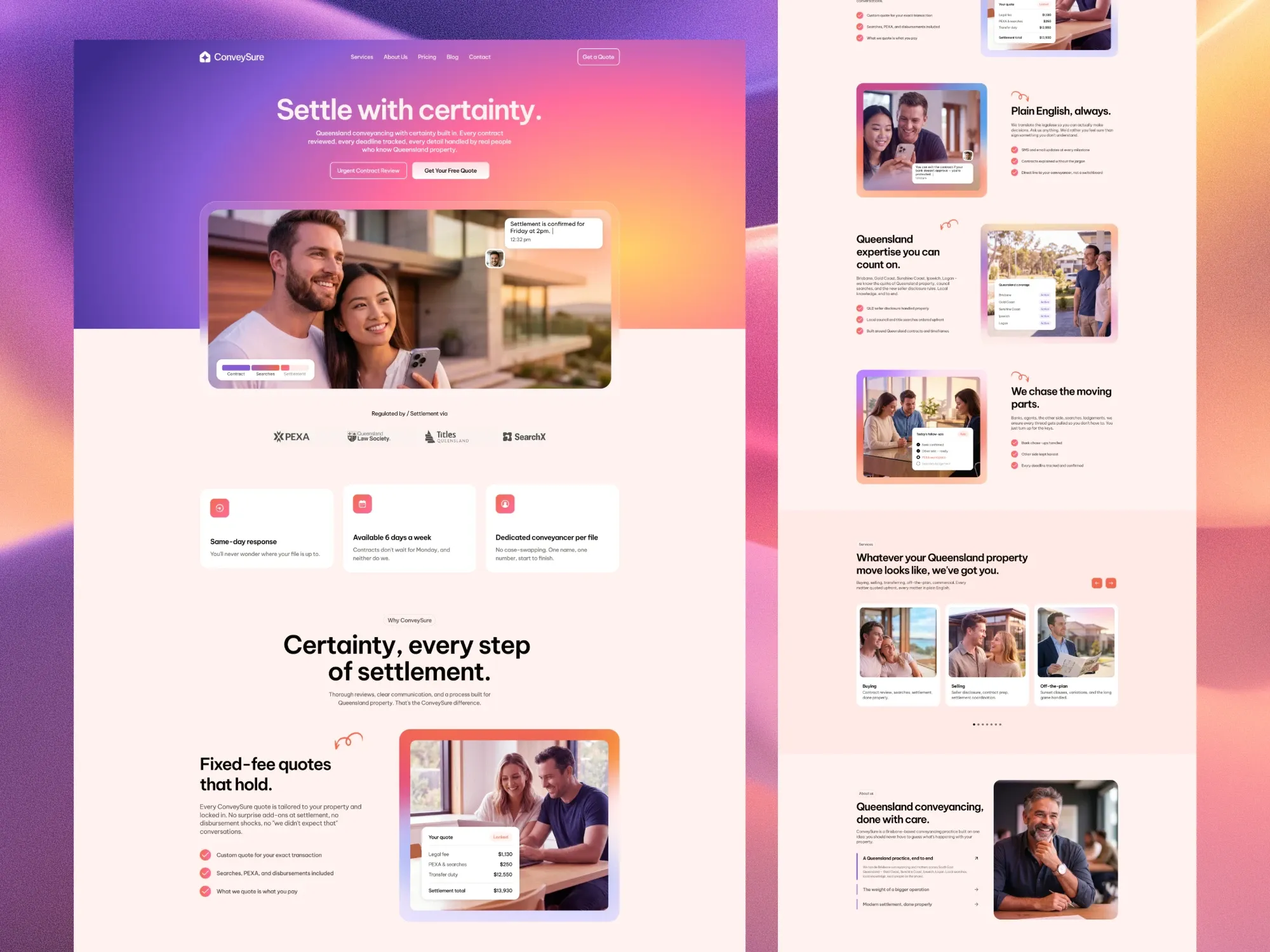 Full ConveySure homepage: gradient hero, PEXA and Titles Queensland logos, same-day response cards, Fixed-fee quotes that hold, Plain English always, Queensland coverage, services carousel and about section