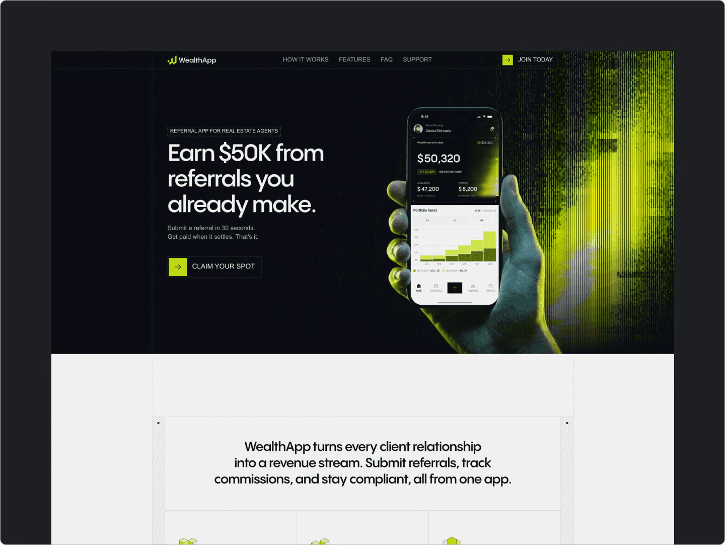 Wealth App homepage on dark with lime accents: Earn $50K from referrals you already make, a phone showing earnings, Claim your spot button