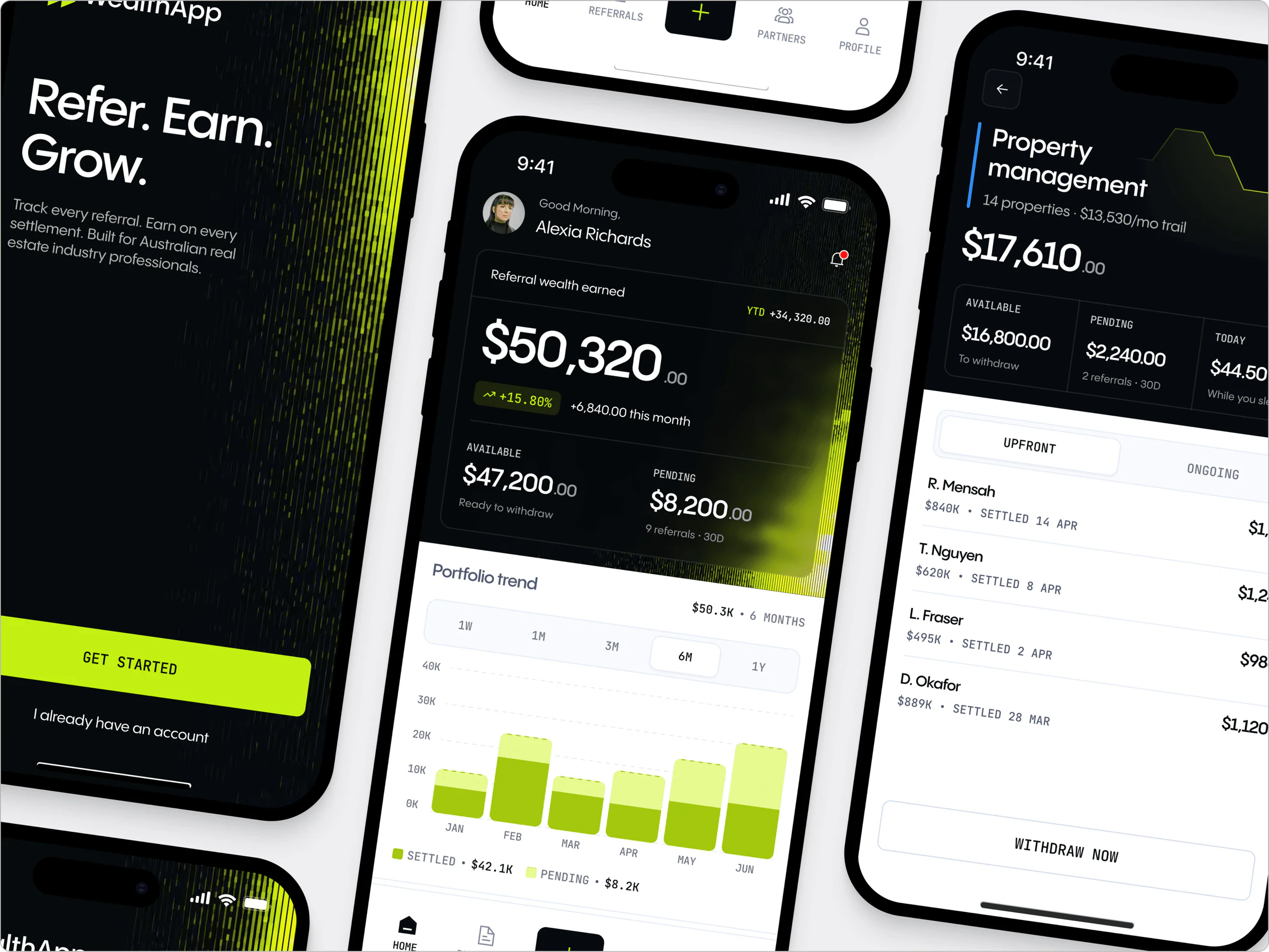 Angled, cropped view of Wealth App screens: welcome with lime Get Started button, earnings dashboard and a property management list