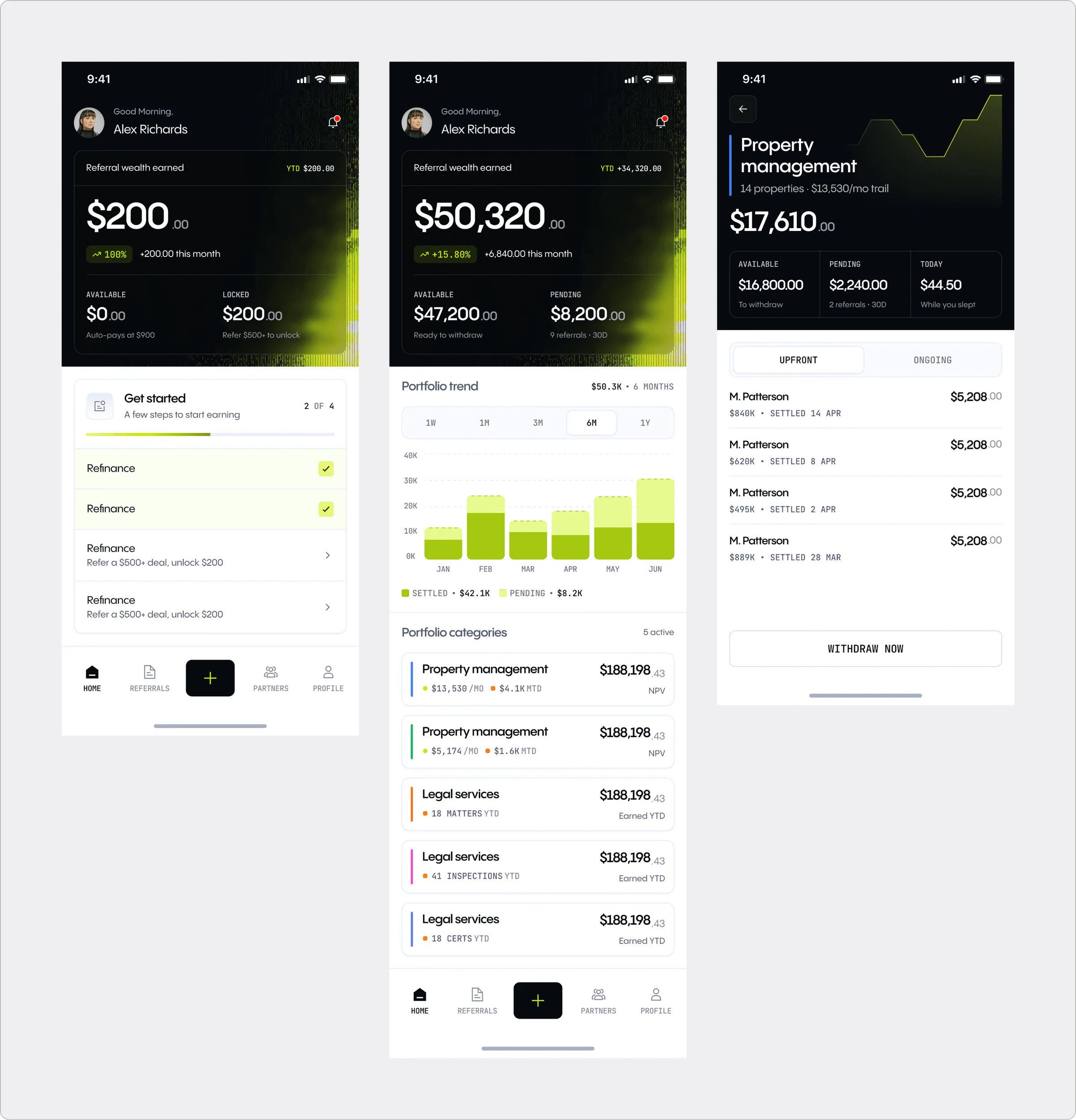 Wealth App onboarding checklist, full earnings dashboard with portfolio categories, and a property management payout detail screen