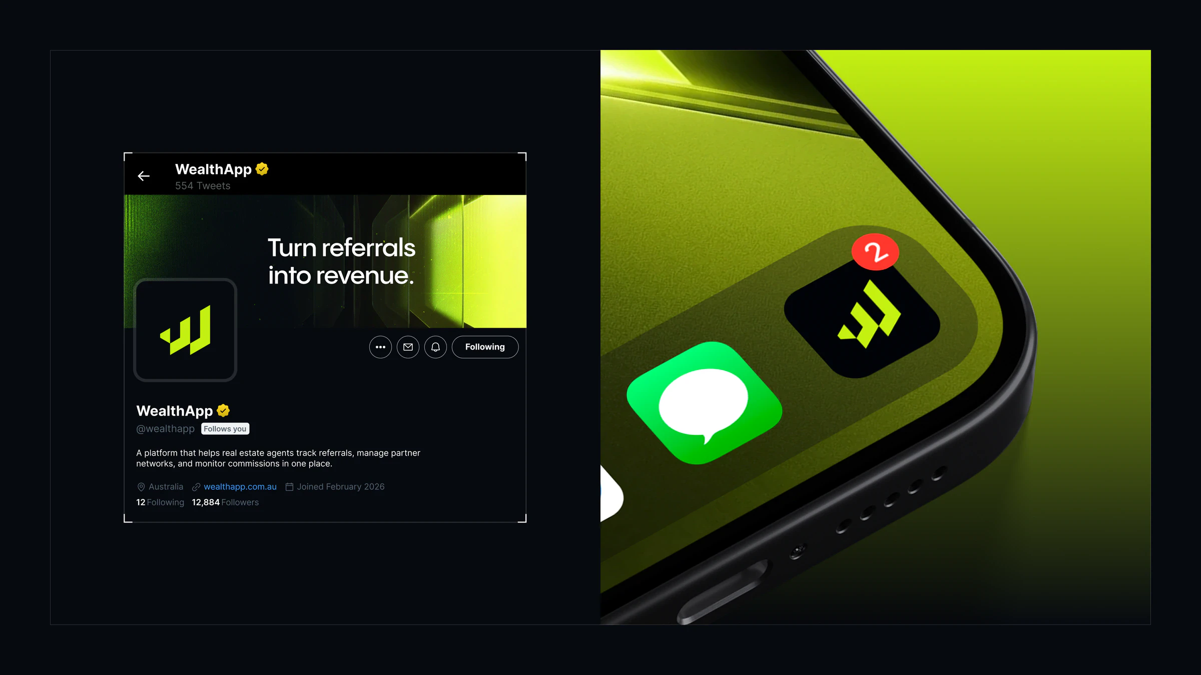 WealthApp social profile with Turn referrals into revenue banner, beside a lime app icon on a phone home screen