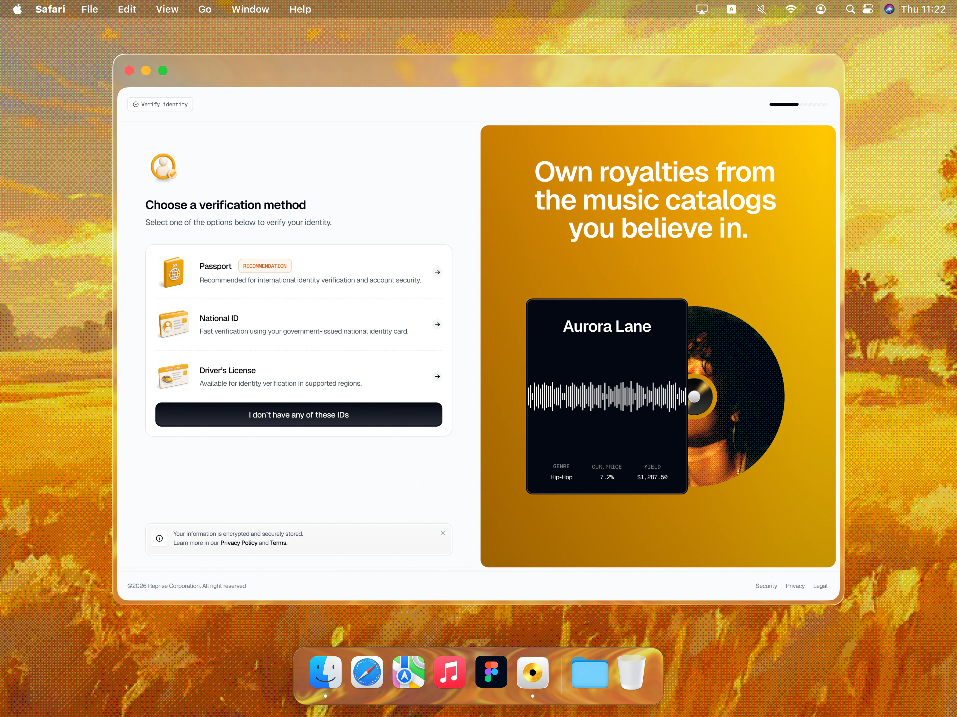 Reprise identity verification in a Safari window: passport, national ID and driver's licence options beside the line Own royalties from the music catalogs you believe in
