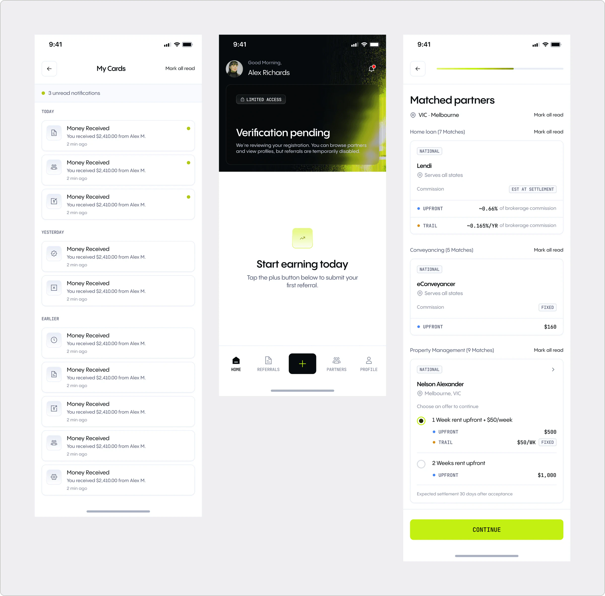 Wealth App notifications list, a verification pending home state, and a matched partners screen with commission offers and Continue button