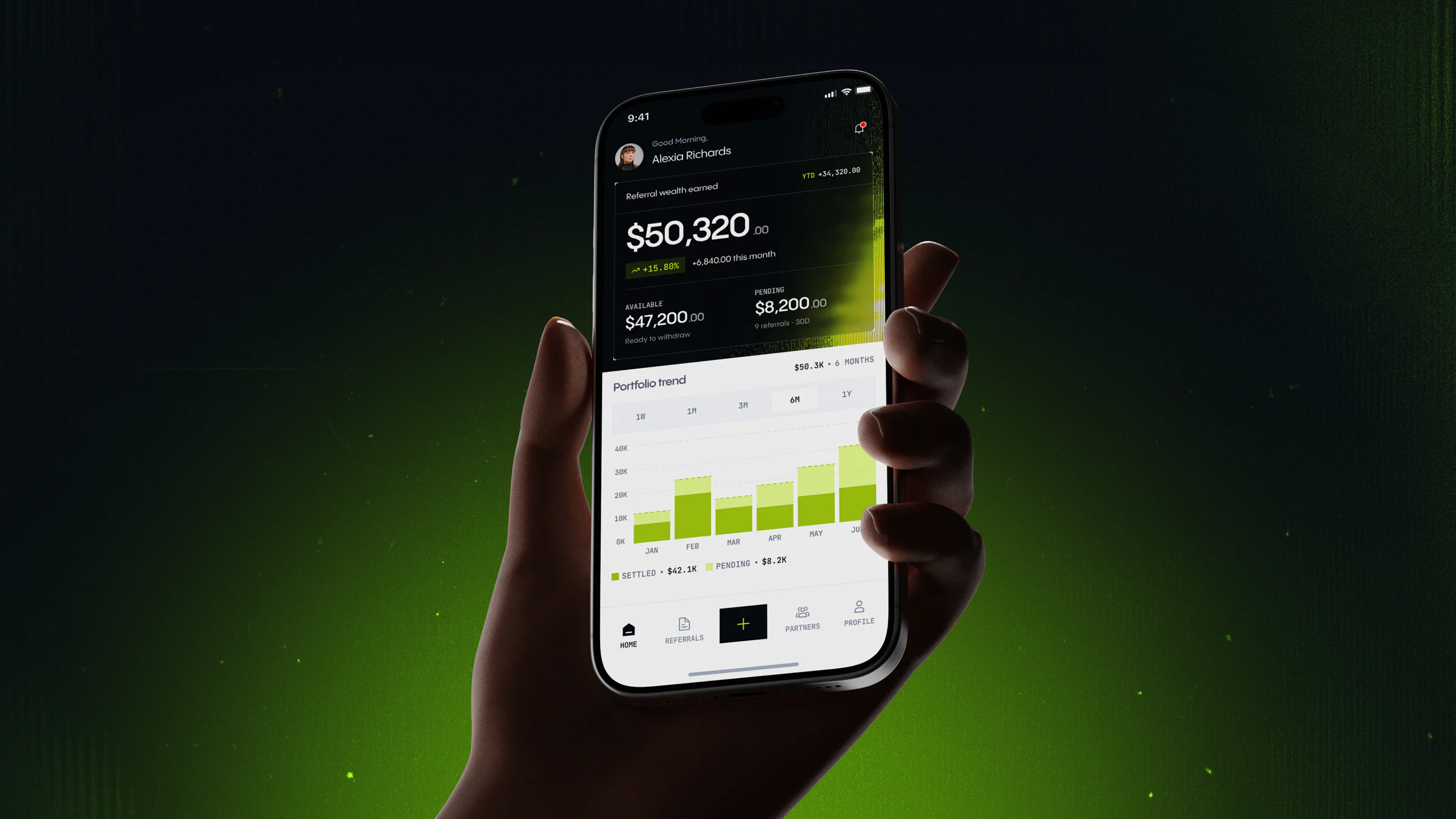Hand holding a phone showing the WealthApp dashboard with $50,320 referral earnings and a lime bar chart, on a green glow