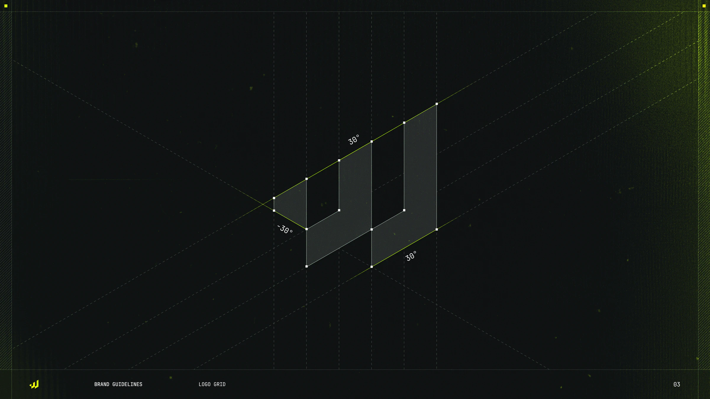 WealthApp logo grid page: the angled bar-chart symbol drawn with 30 degree construction lines on dark green-black