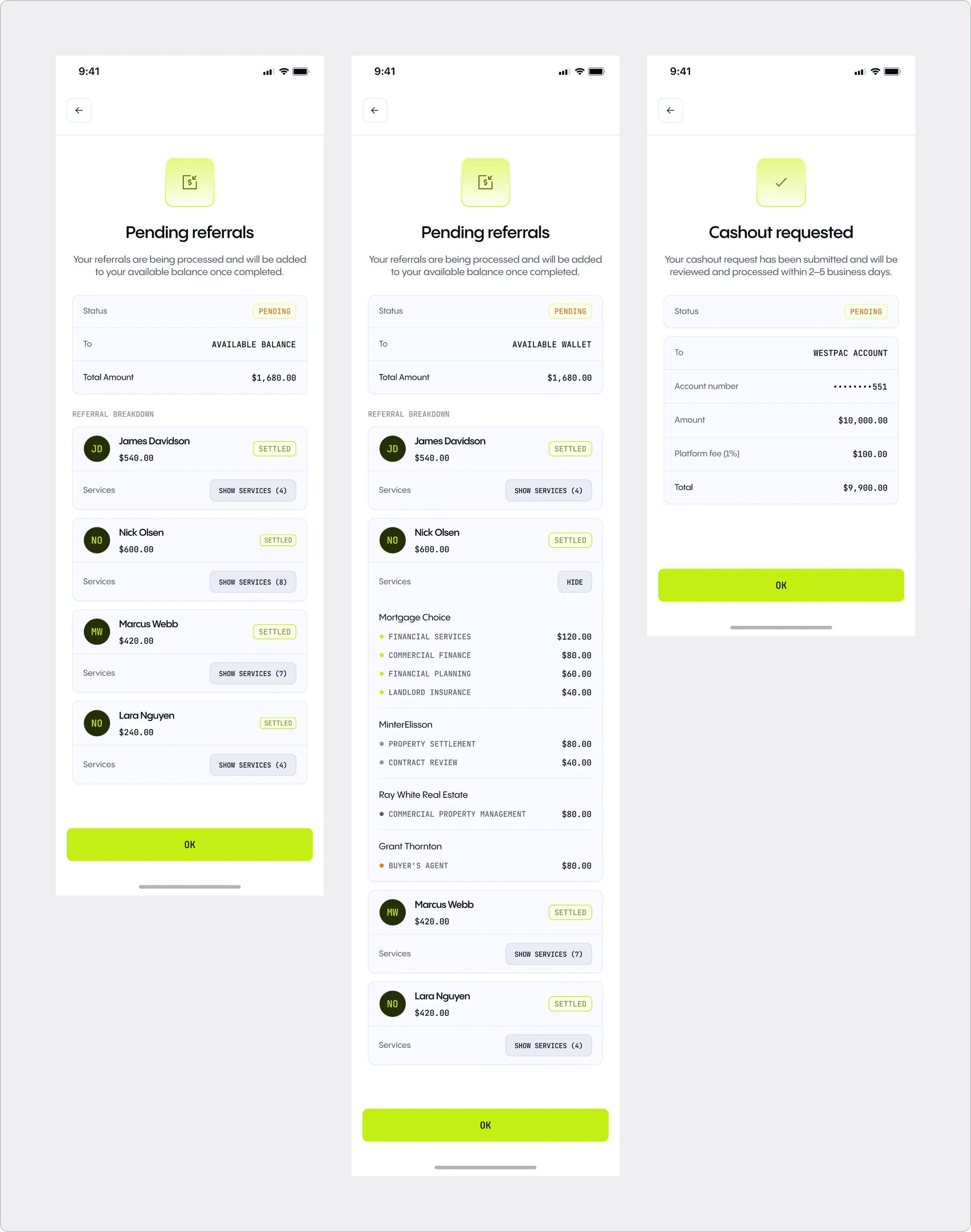 Wealth App pending referrals breakdowns with expandable service fees, plus a cashout requested confirmation showing amount and fee