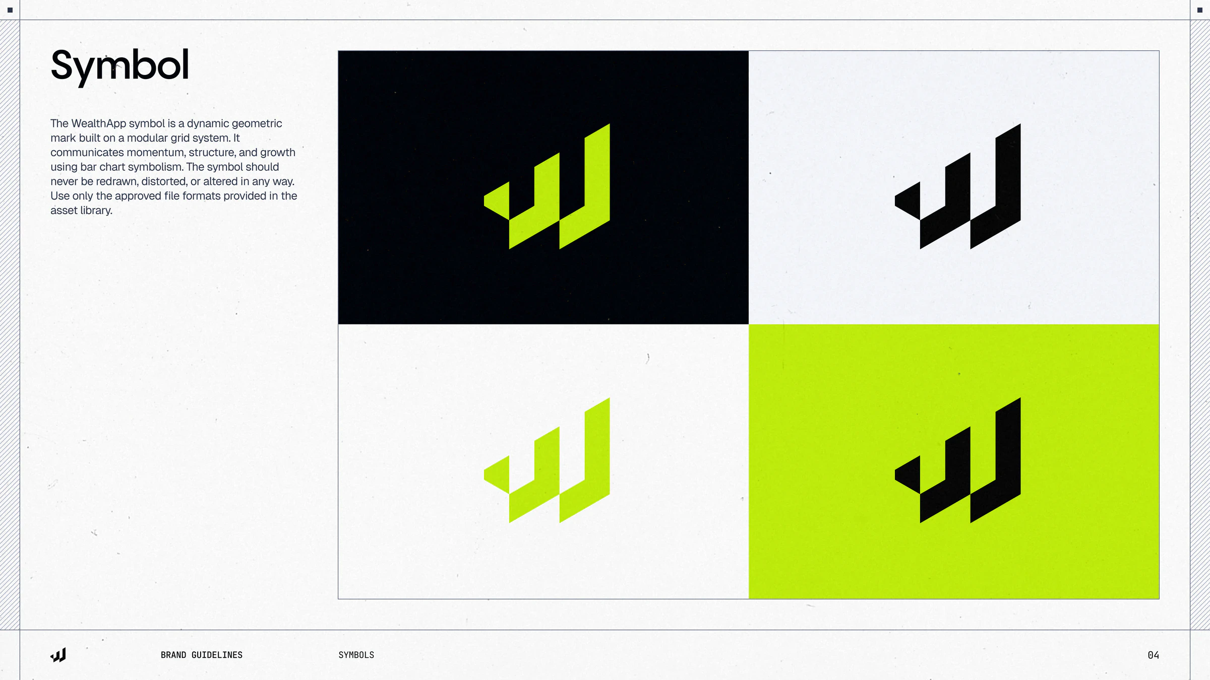 WealthApp symbol page showing the lime and black bar-chart mark on black, white, off-white and electric lime backgrounds