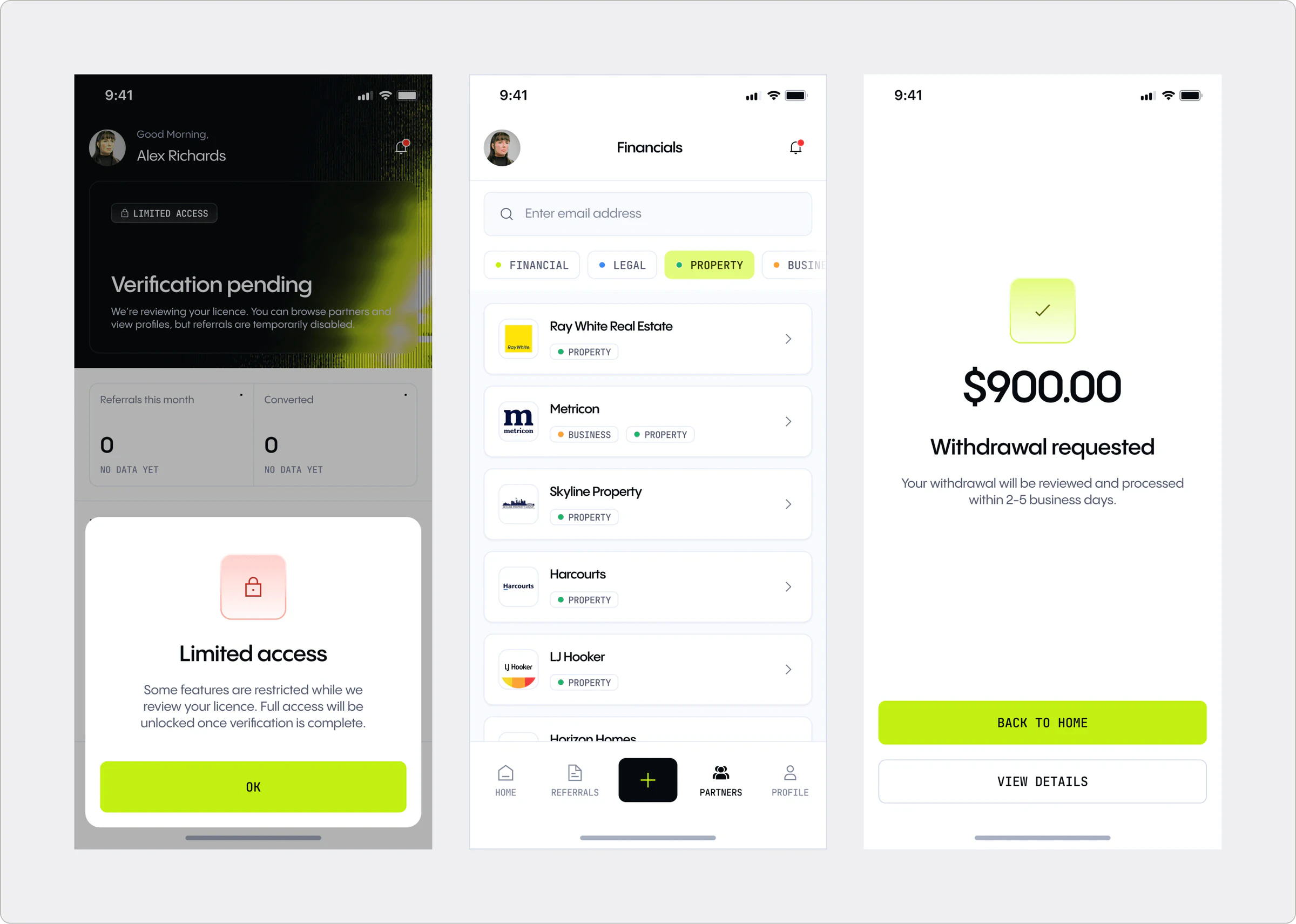 Wealth App limited access modal, a partner directory with property agency logos and filters, and a $900 withdrawal confirmation