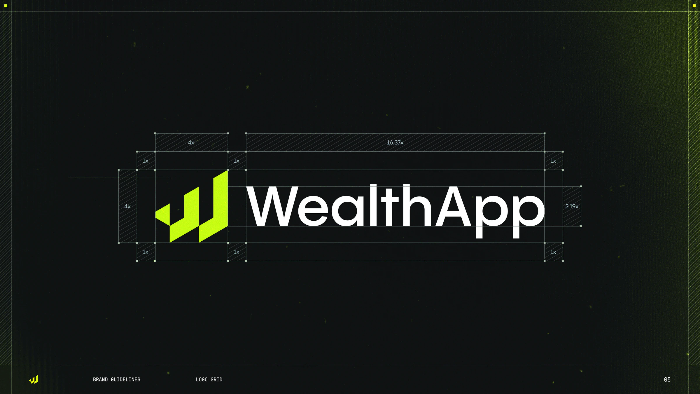 WealthApp logo lockup on dark background with measured clear space and proportion annotations around the symbol and wordmark