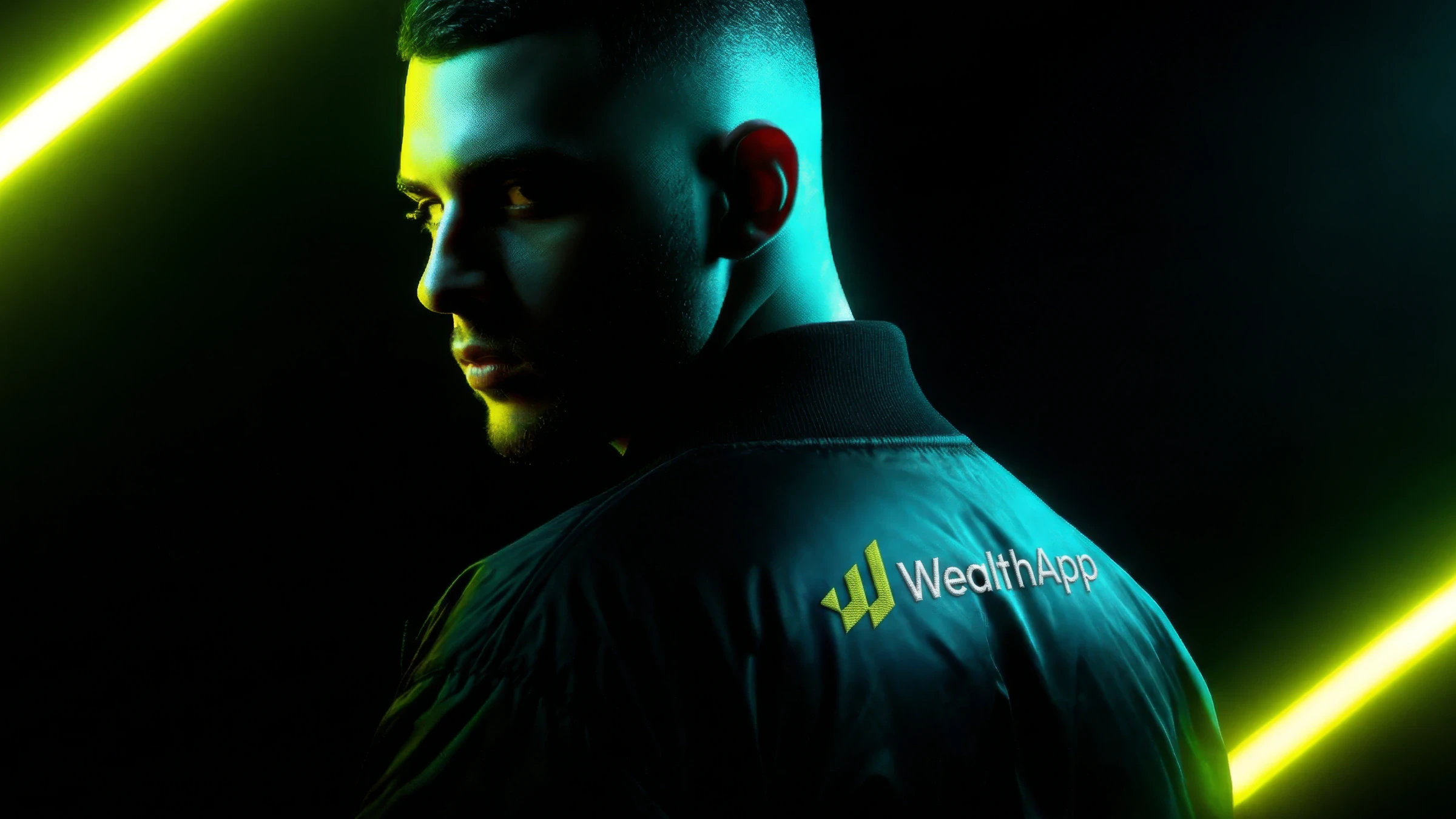 Man in a dark bomber jacket lit by neon lime and cyan light, with the WealthApp logo embroidered on the shoulder