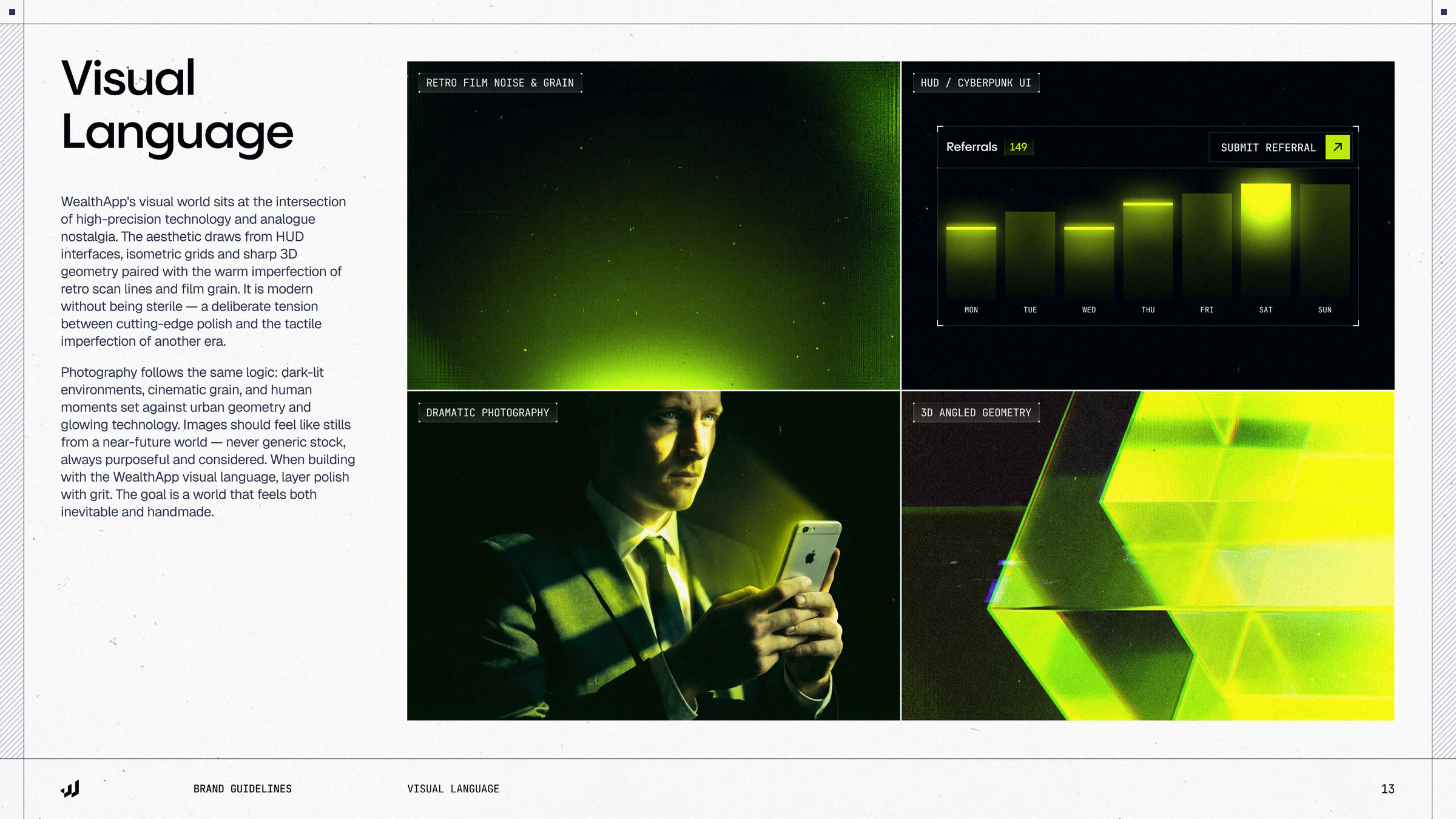 Visual language page with four panels: film grain glow, HUD referral chart, dramatic phone portrait and angled lime geometry
