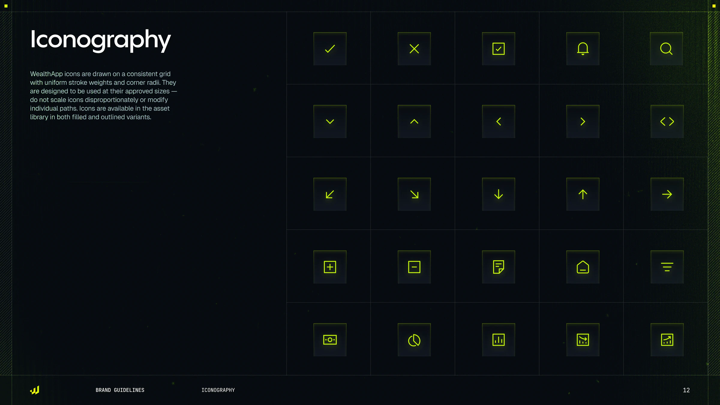 WealthApp iconography page with a grid of 25 lime outline icons on dark tiles, including arrows, checks, home and charts