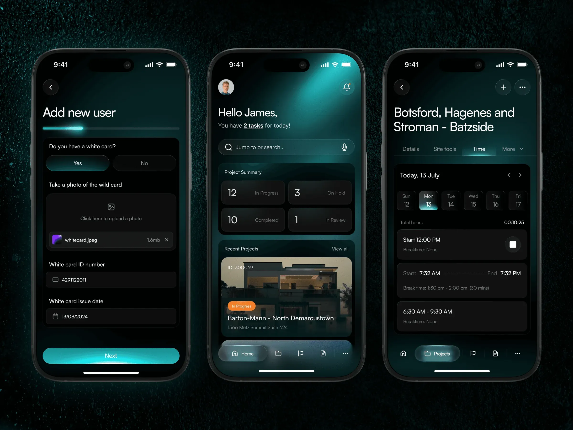 Three Nexvia construction app screens in dark teal: add new user form, home dashboard with project summary, and time tracking