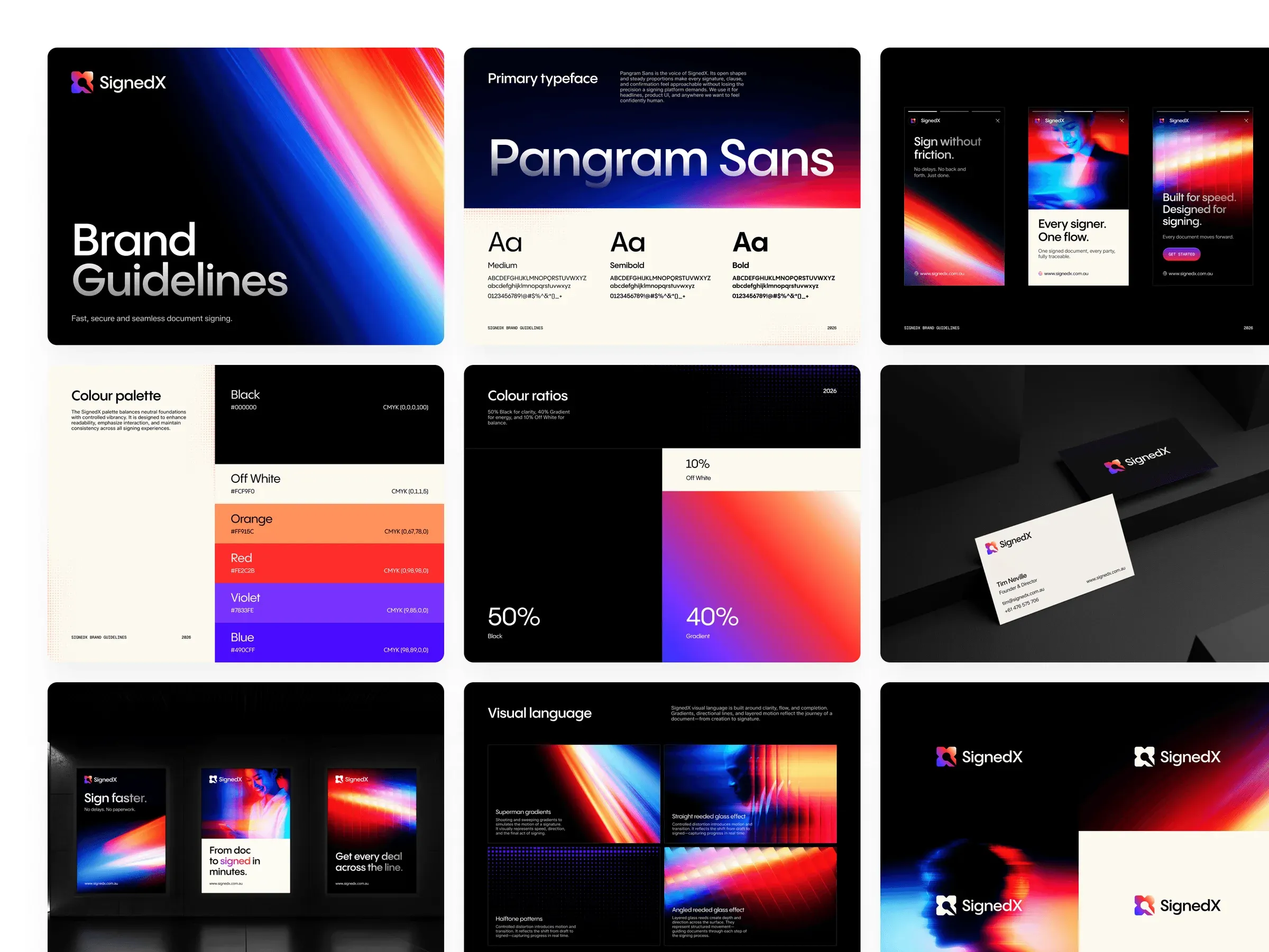 Grid of SignedX brand guideline pages showing typography, colour palette, mobile ads, business cards and posters
