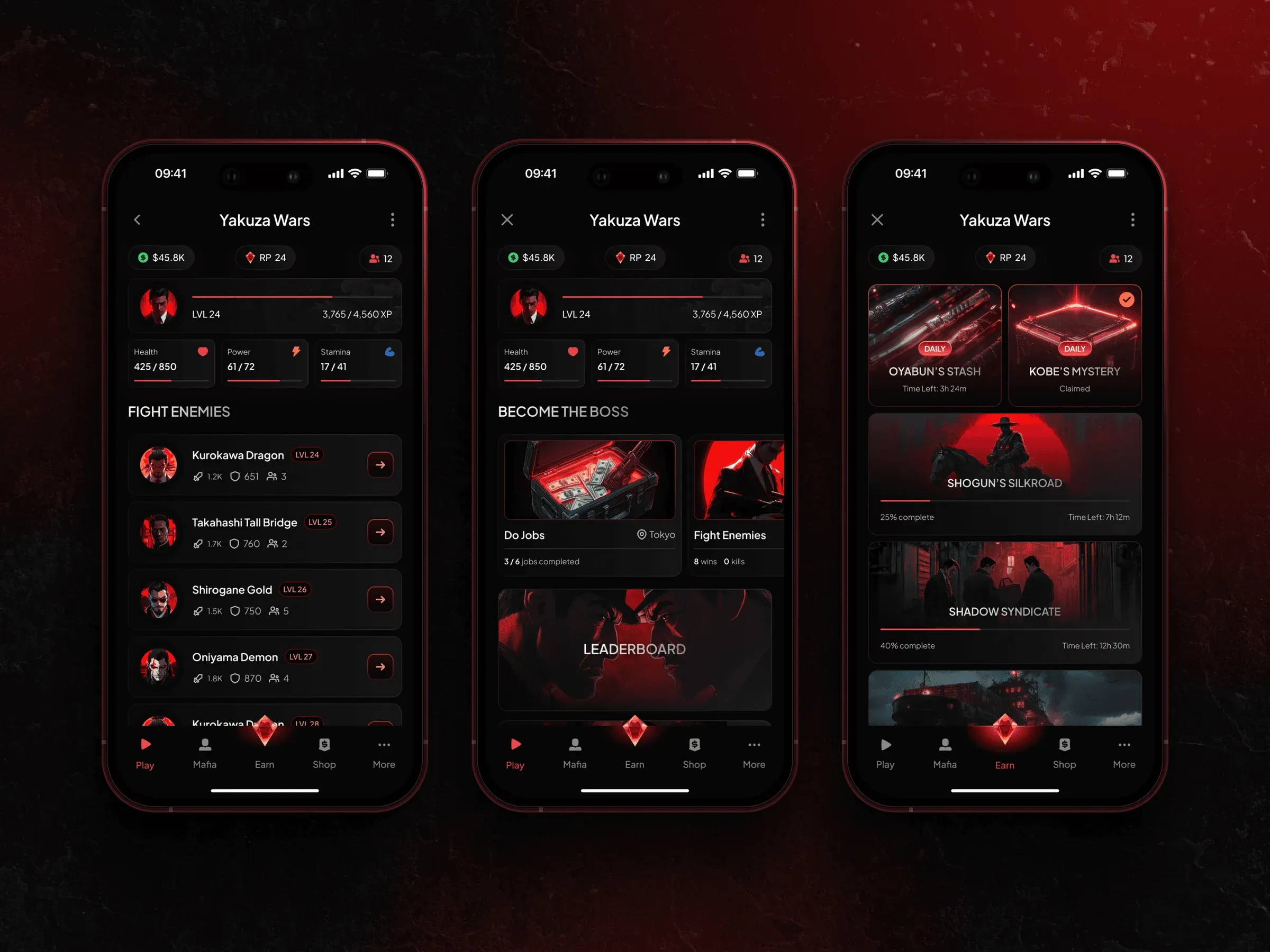 Three Yakuza Wars game screens in black and ruby red: fight enemies list, Become the Boss menu and daily Earn missions