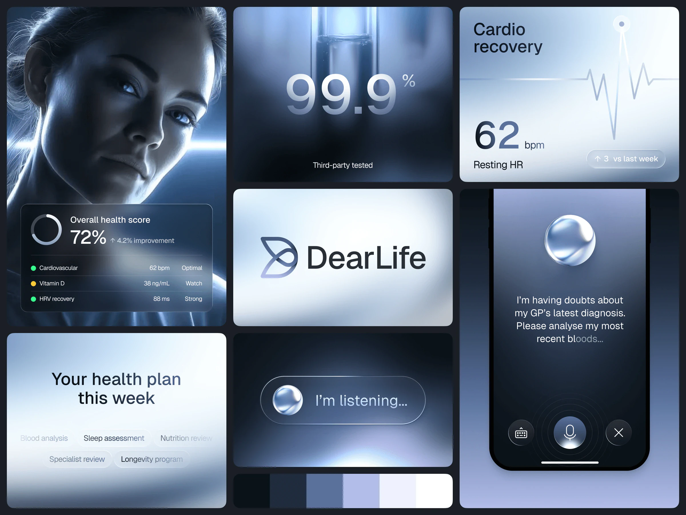 DearLife brand collage: logo lockup, health score card, heart rate tile, voice assistant phone screen and colour swatches in chrome blues