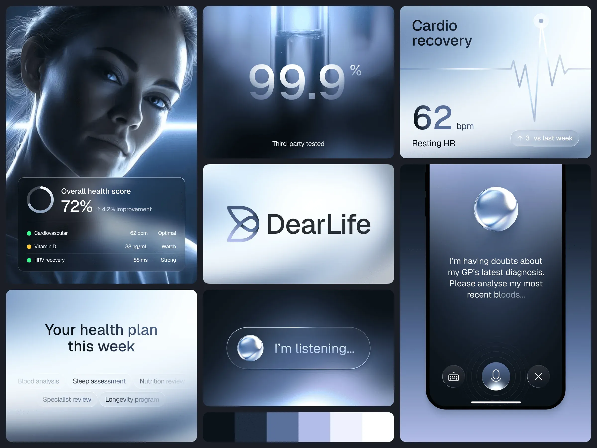 DearLife brand collage: logo lockup, health score card, heart rate tile, voice assistant phone screen and colour swatches in chrome blues
