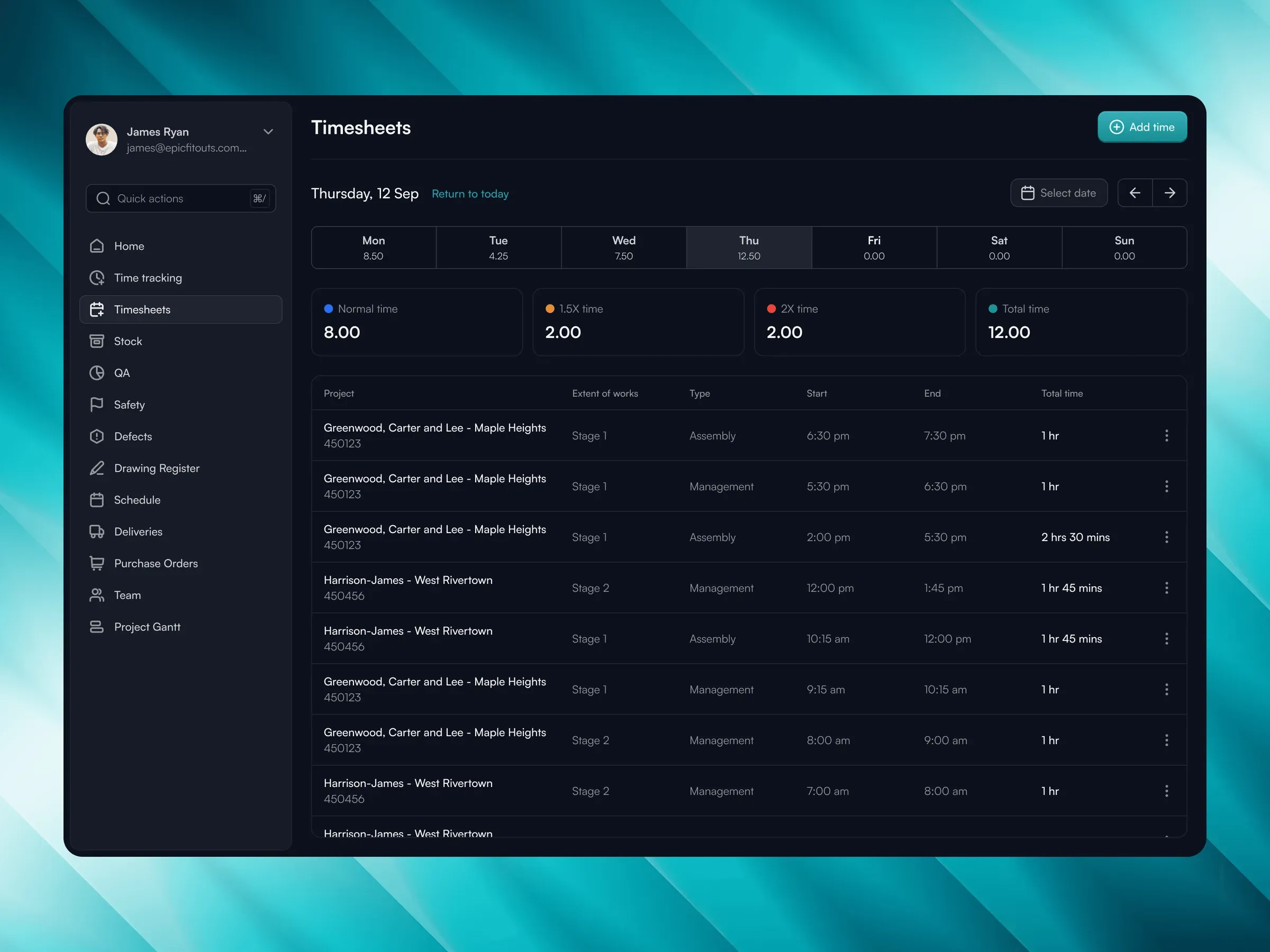 Nexvia construction app Timesheets screen in dark mode, with a weekly hours bar, time-type totals and a project time table on teal