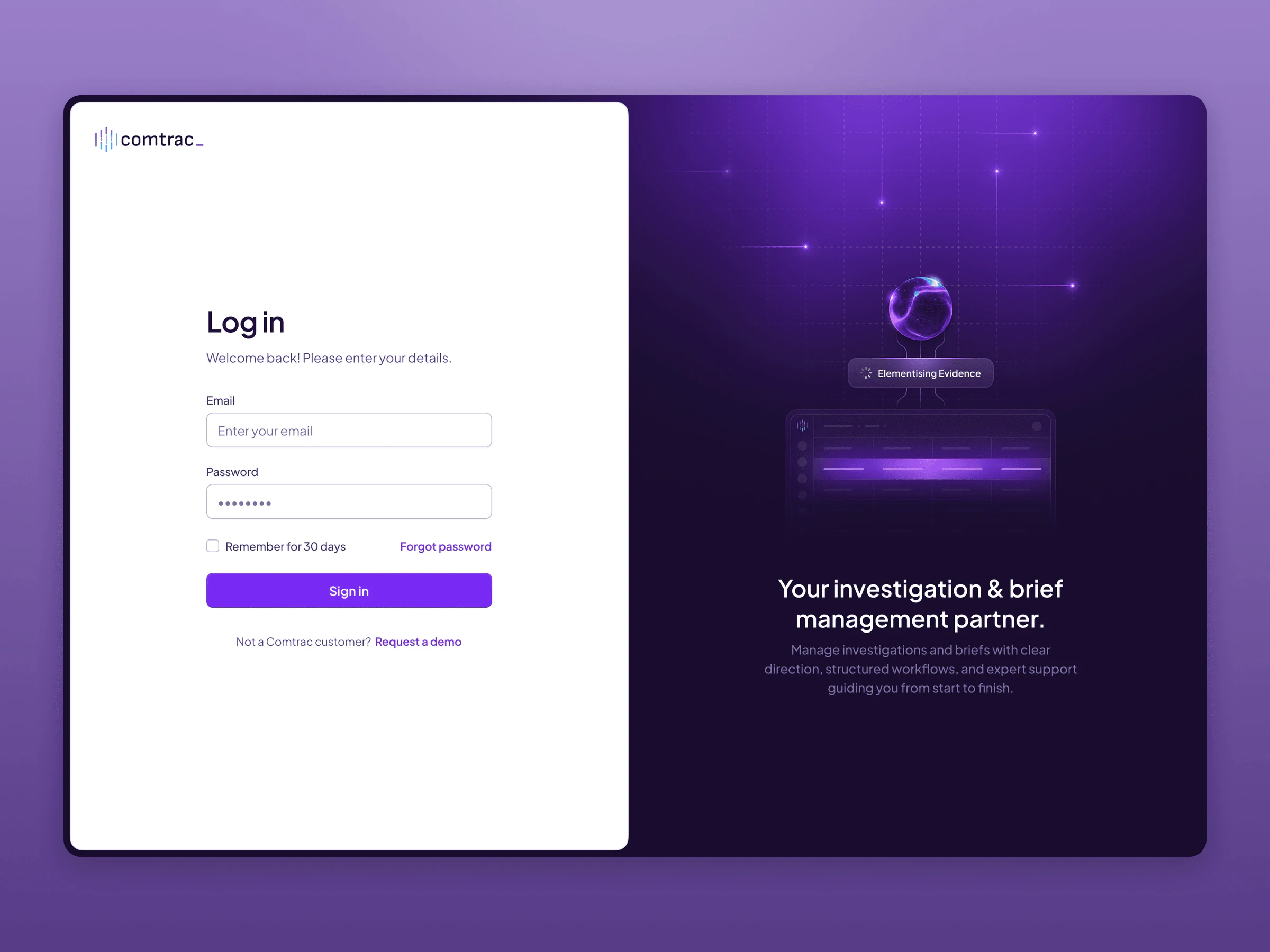 Comtrac web app login screen on a purple backdrop, with a sign-in form beside a dark panel promoting investigation and brief management